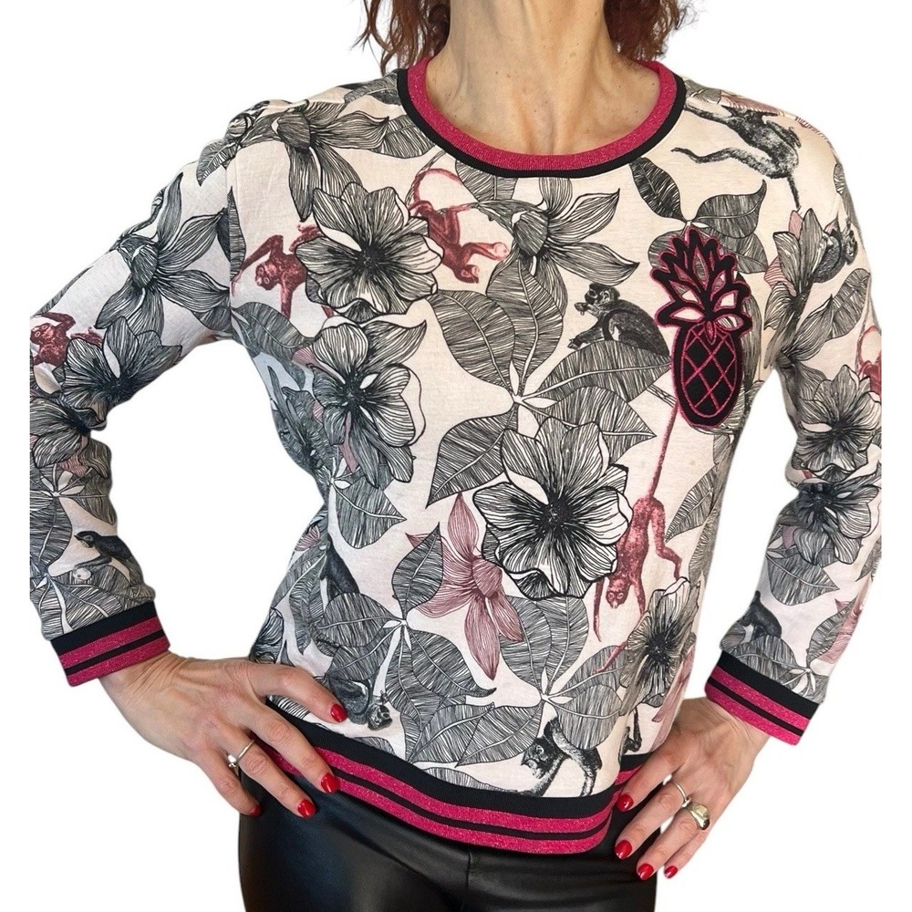 Maje Teresa Tropical Pineapple Monkeys Crop Sweater Sweatshirt Long Sleeve M